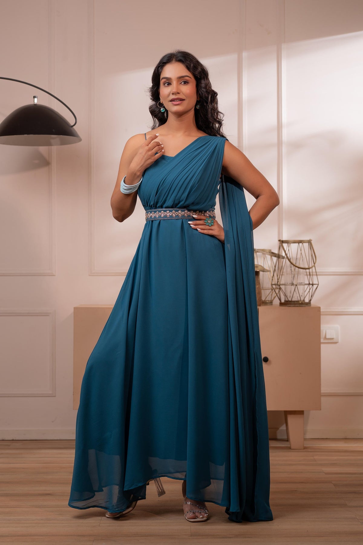 Juniper Ocean Teal Whispers One-Shoulder Gown | Grocsy