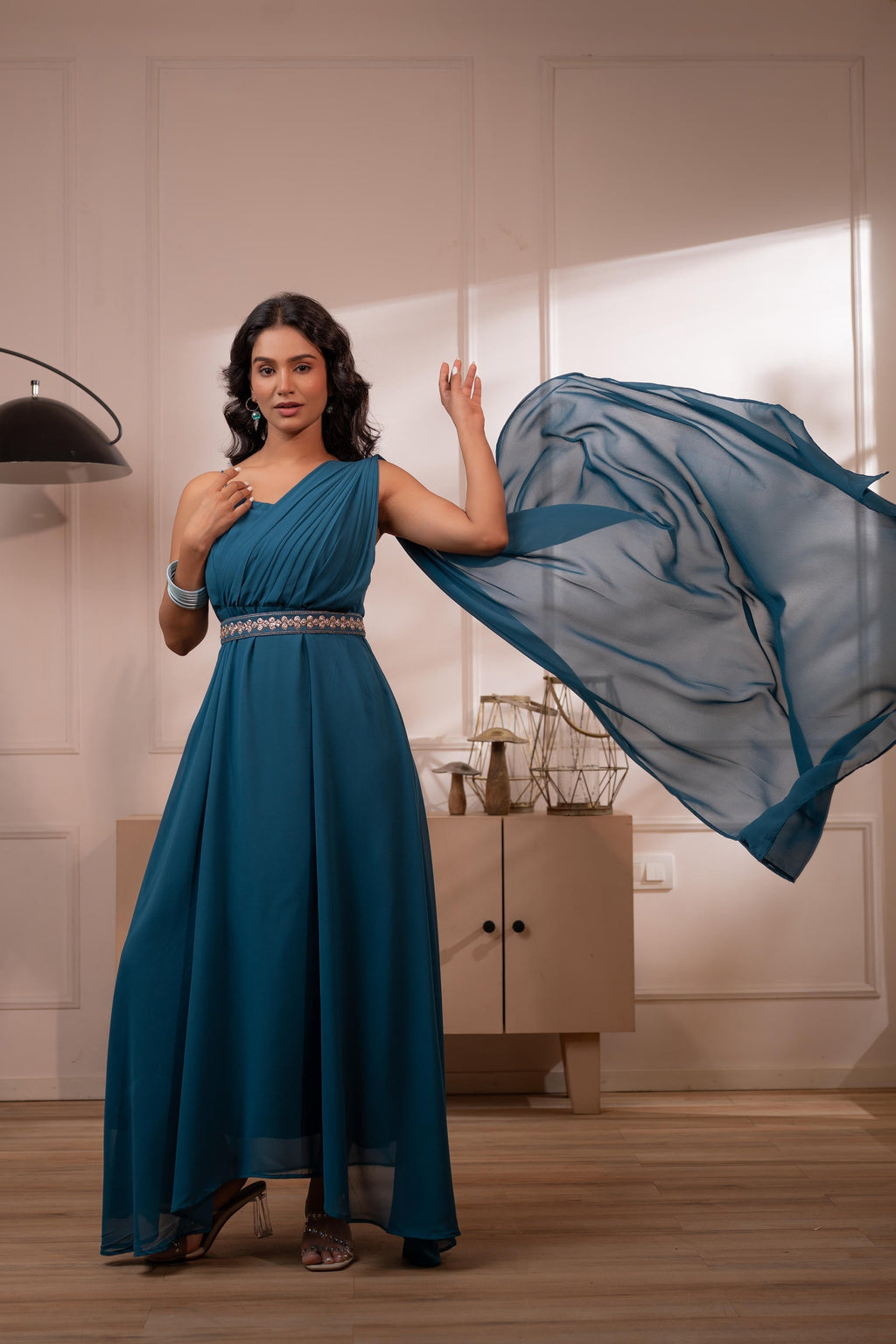 Juniper Ocean Teal Whispers One-Shoulder Gown | Grocsy