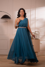 Juniper Ocean Teal Whispers One-Shoulder Gown | Grocsy