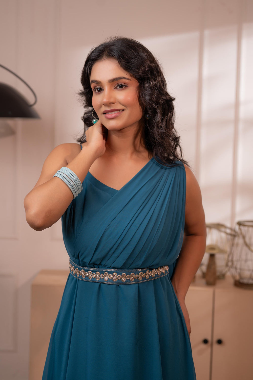 Juniper Ocean Teal Whispers One-Shoulder Gown | Grocsy