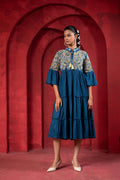 Juniper Indigo Tiered Dress With Multicolor Embroidered Yoke And Tassel Tie-Up | Grocsy