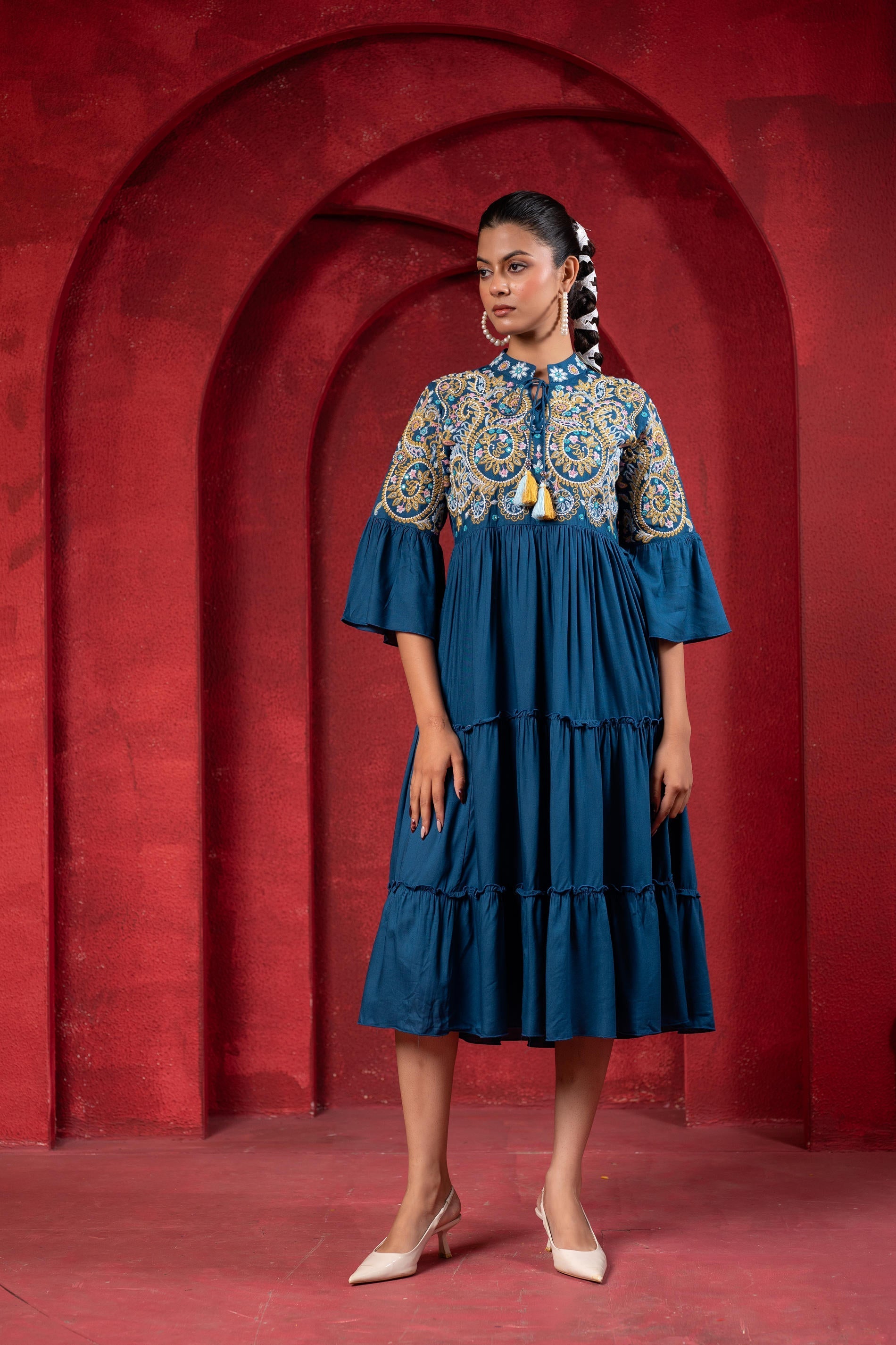Juniper Indigo Tiered Dress With Multicolor Embroidered Yoke And Tassel Tie-Up | Grocsy