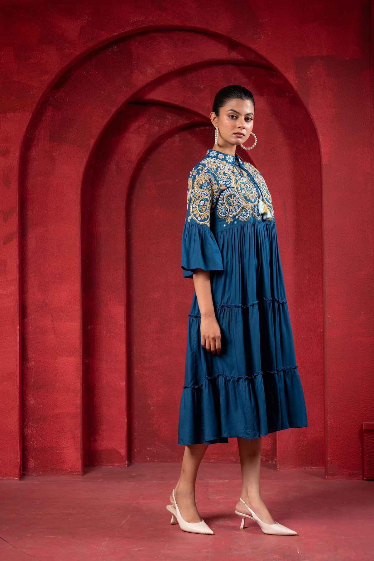 Juniper Indigo Tiered Dress With Multicolor Embroidered Yoke And Tassel Tie-Up | Grocsy