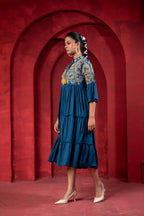 Juniper Indigo Tiered Dress With Multicolor Embroidered Yoke And Tassel Tie-Up | Grocsy