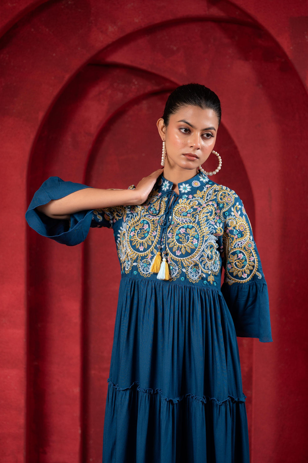 Juniper Indigo Tiered Dress With Multicolor Embroidered Yoke And Tassel Tie-Up | Grocsy