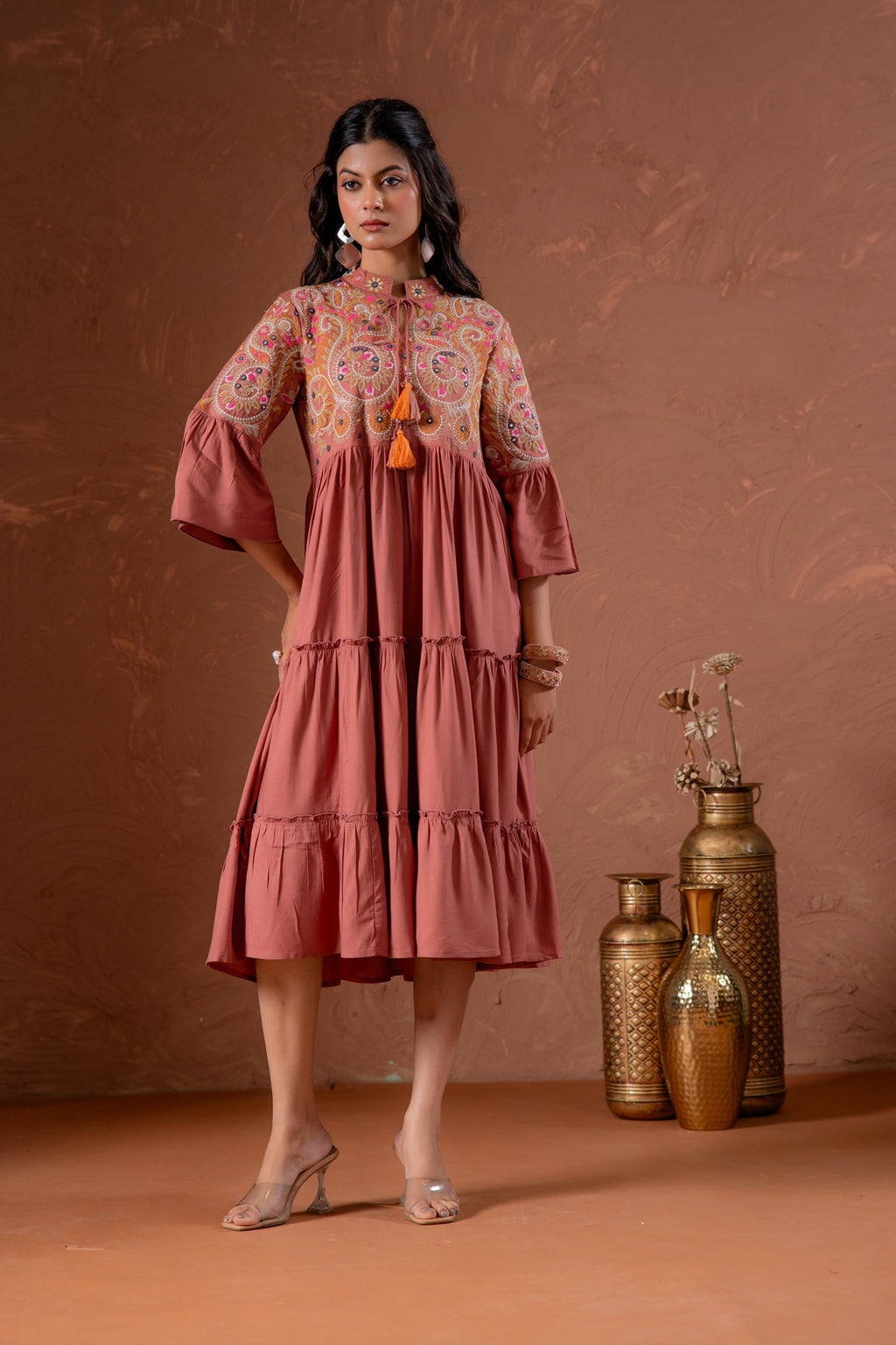 Juniper Rust Tiered Dress With Multicolor Embroidered Yoke And Tassel Tie-Up | Grocsy