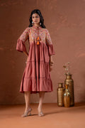 Juniper Rust Tiered Dress With Multicolor Embroidered Yoke And Tassel Tie-Up | Grocsy