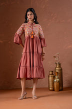 Juniper Rust Tiered Dress With Multicolor Embroidered Yoke And Tassel Tie-Up | Grocsy
