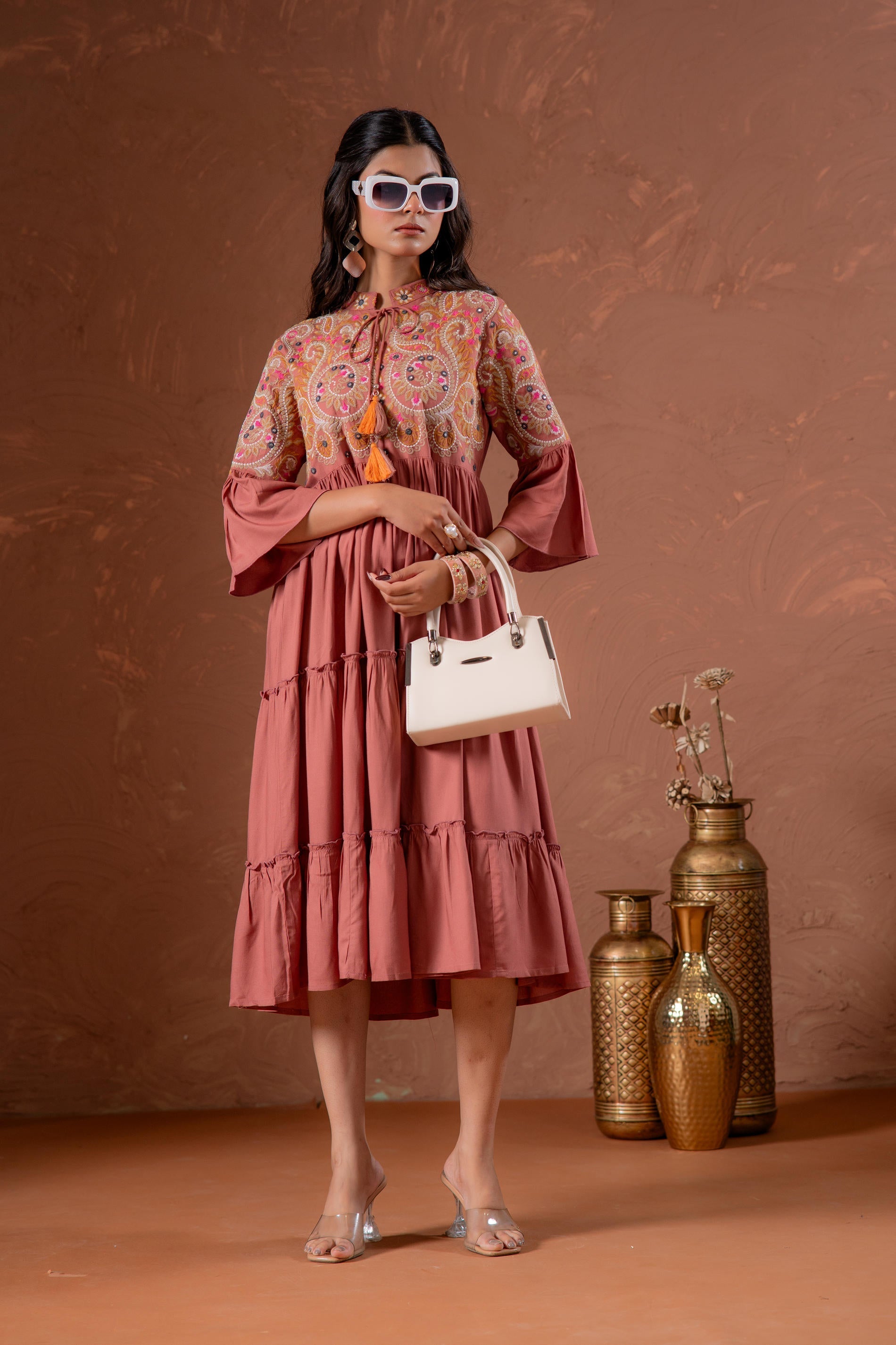 Juniper Rust Tiered Dress With Multicolor Embroidered Yoke And Tassel Tie-Up | Grocsy
