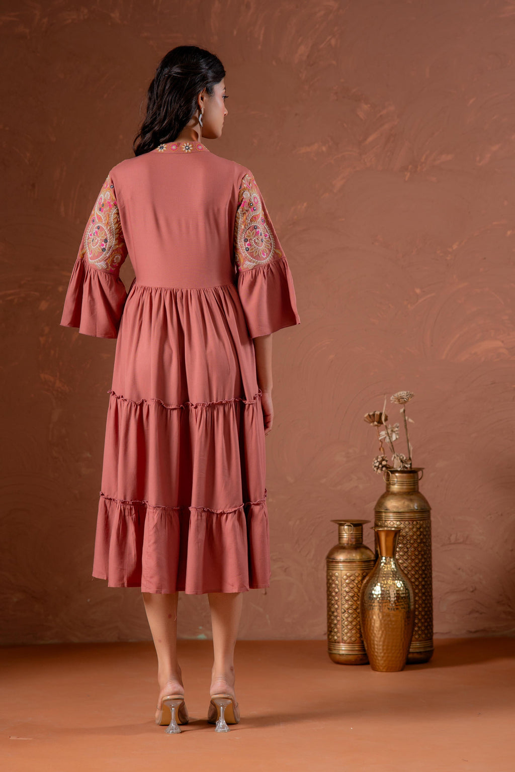 Juniper Rust Tiered Dress With Multicolor Embroidered Yoke And Tassel Tie-Up | Grocsy