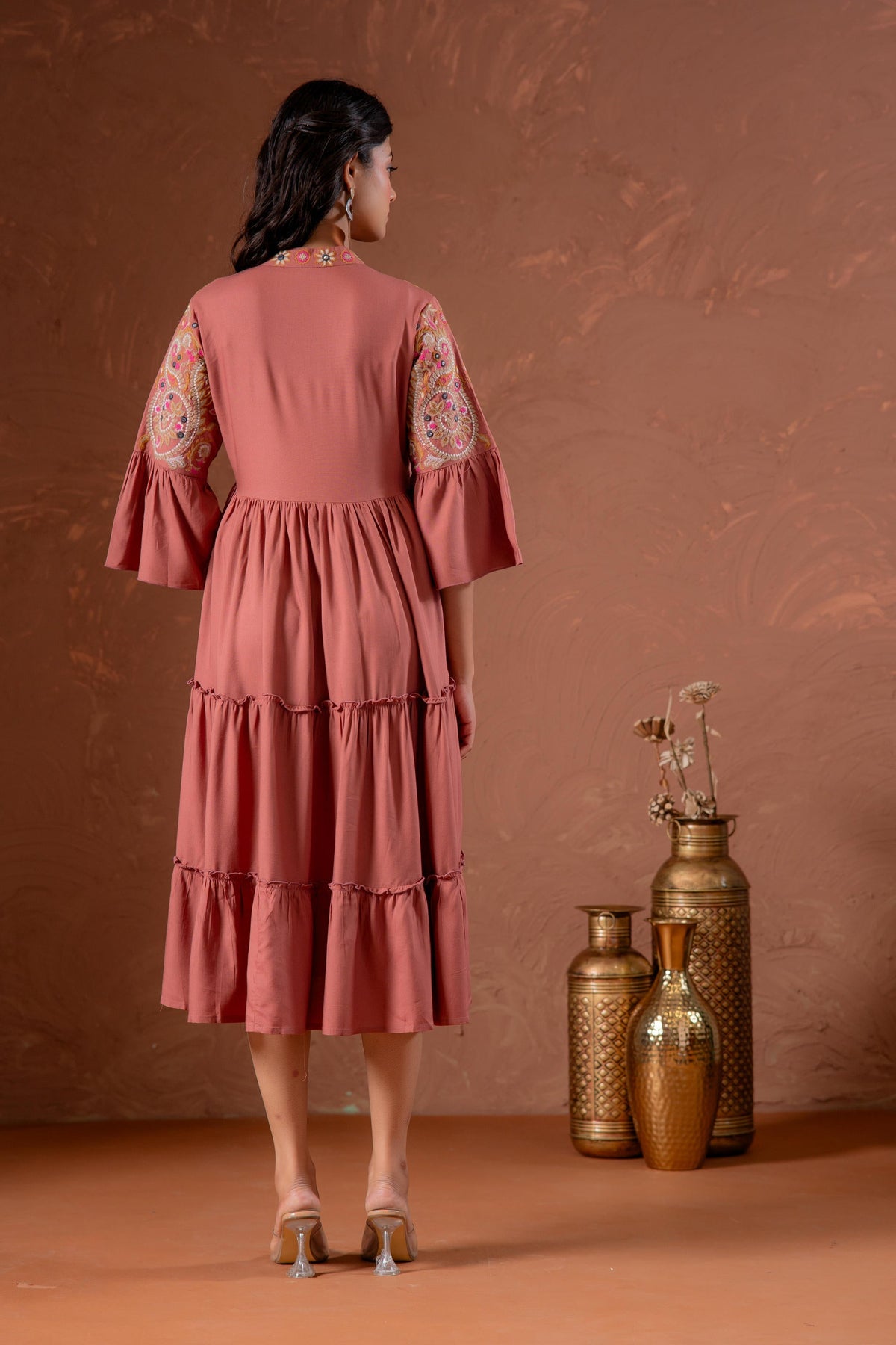 Juniper Rust Tiered Dress With Multicolor Embroidered Yoke And Tassel Tie-Up | Grocsy