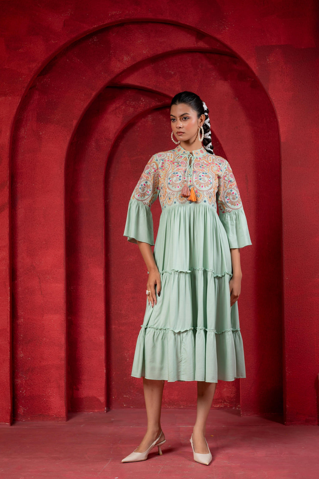 Juniper Sage Green Tiered Dress With Multicolor Embroidered Yoke And Tassel Tie-Up | Grocsy