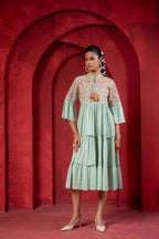 Juniper Sage Green Tiered Dress With Multicolor Embroidered Yoke And Tassel Tie-Up | Grocsy