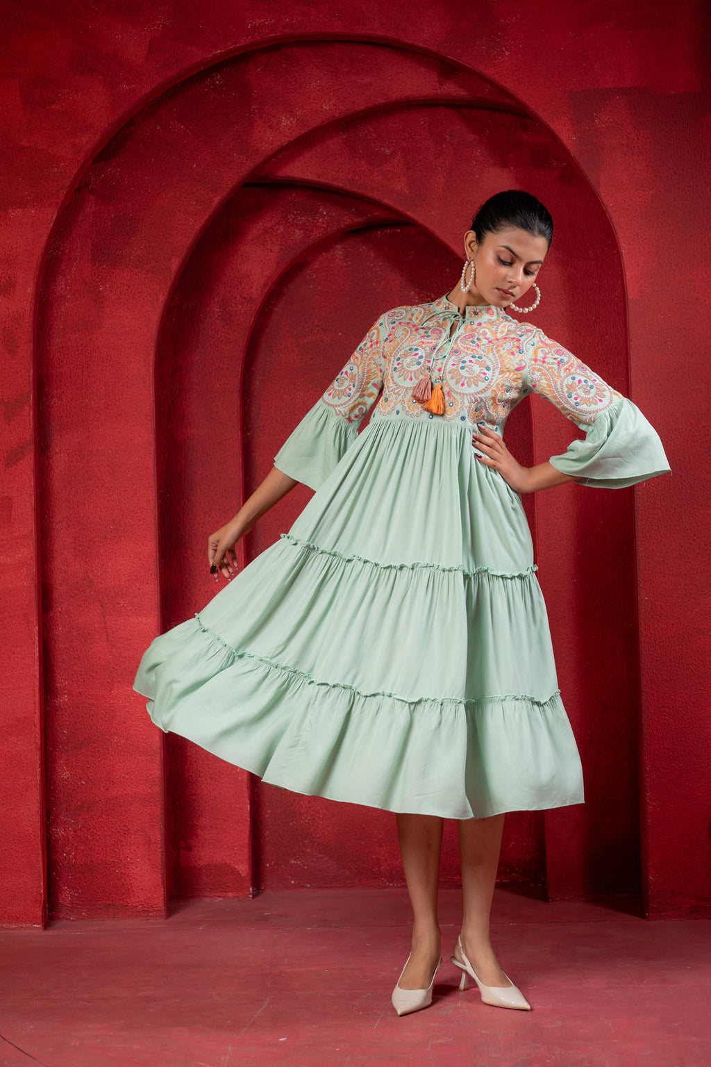 Juniper Sage Green Tiered Dress With Multicolor Embroidered Yoke And Tassel Tie-Up | Grocsy