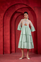 Juniper Sage Green Tiered Dress With Multicolor Embroidered Yoke And Tassel Tie-Up | Grocsy