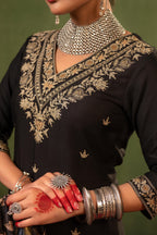 Juniper Black Heritage Embroidered Kurta Set | Grocsy