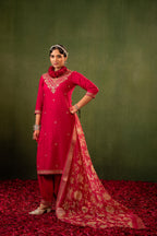 Juniper Laal Gulnaar Heritage Embroidered Kurta Set | Grocsy