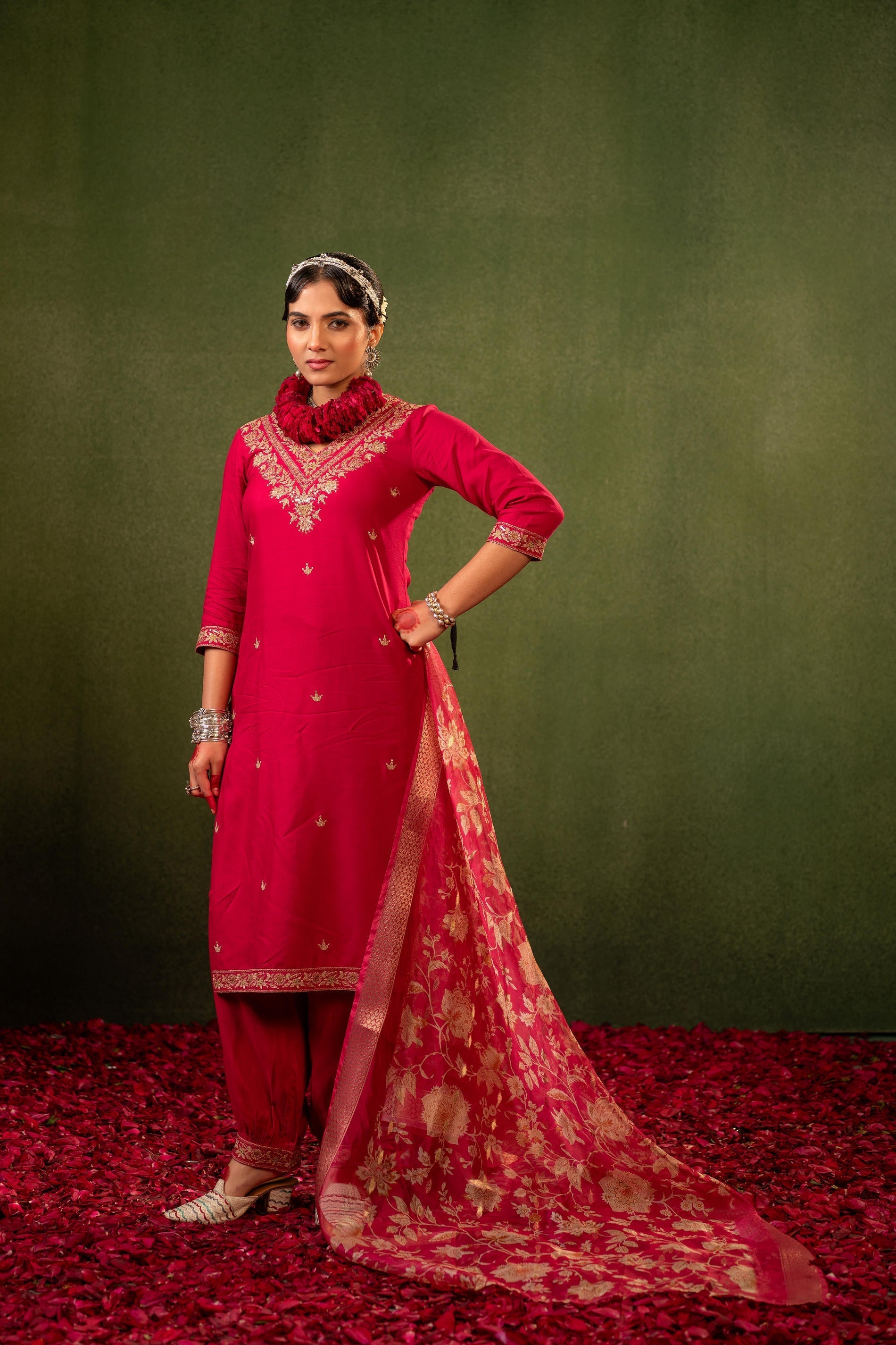 Juniper Laal Gulnaar Heritage Embroidered Kurta Set | Grocsy