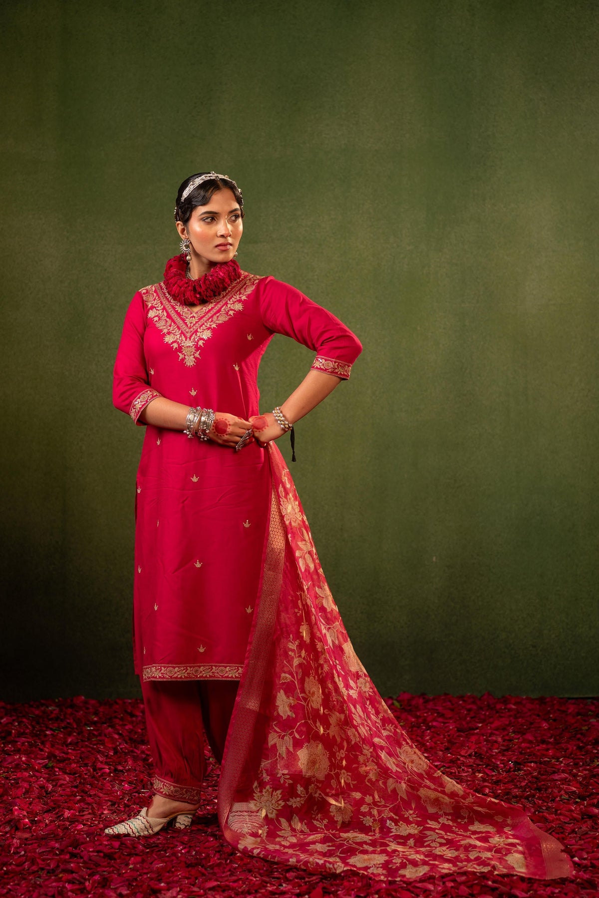 Juniper Laal Gulnaar Heritage Embroidered Kurta Set | Grocsy