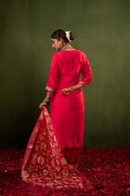 Juniper Laal Gulnaar Heritage Embroidered Kurta Set | Grocsy