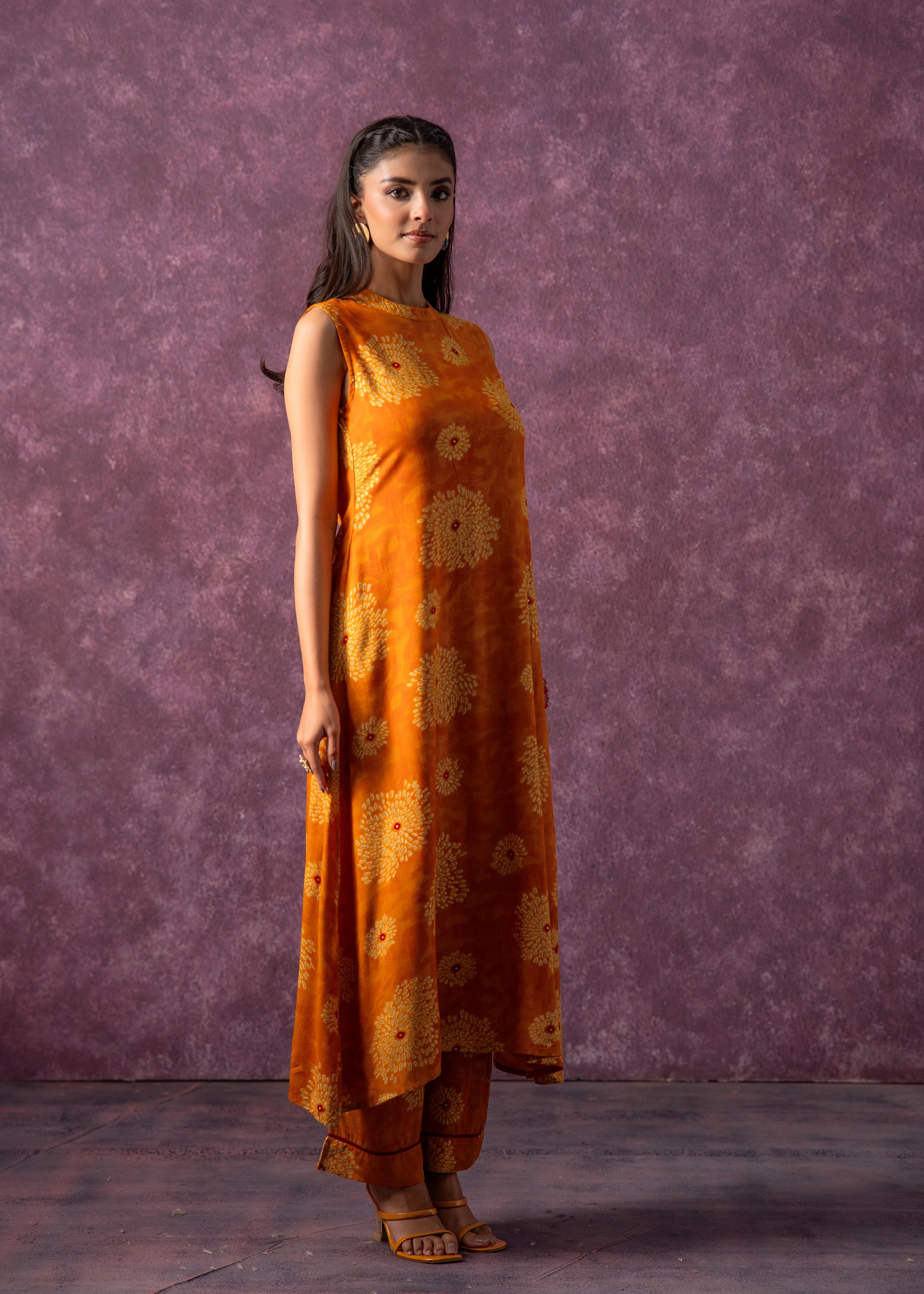 Juniper Women'S Mustard Floral Printed Kurta With Pant Set | Grocsy