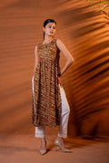 Juniper Rust Tribal Wave Printed Sleeveless Flared Kurta | Grocsy