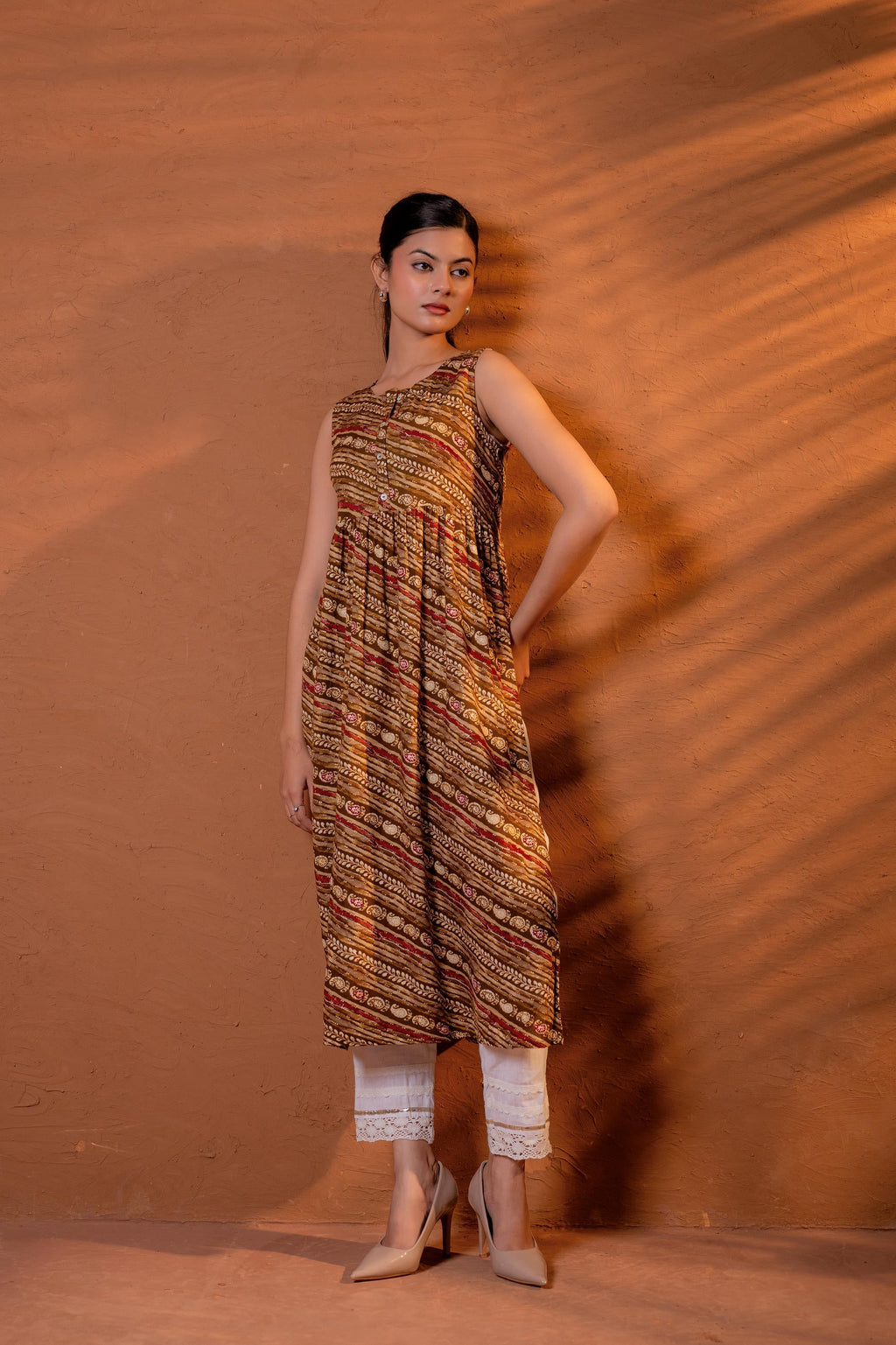 Juniper Rust Tribal Wave Printed Sleeveless Flared Kurta | Grocsy