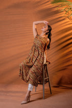 Juniper Rust Tribal Wave Printed Sleeveless Flared Kurta | Grocsy