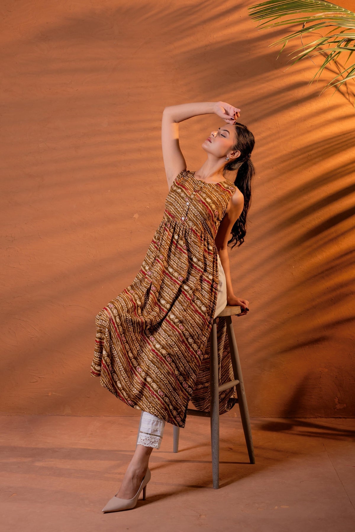 Juniper Rust Tribal Wave Printed Sleeveless Flared Kurta | Grocsy