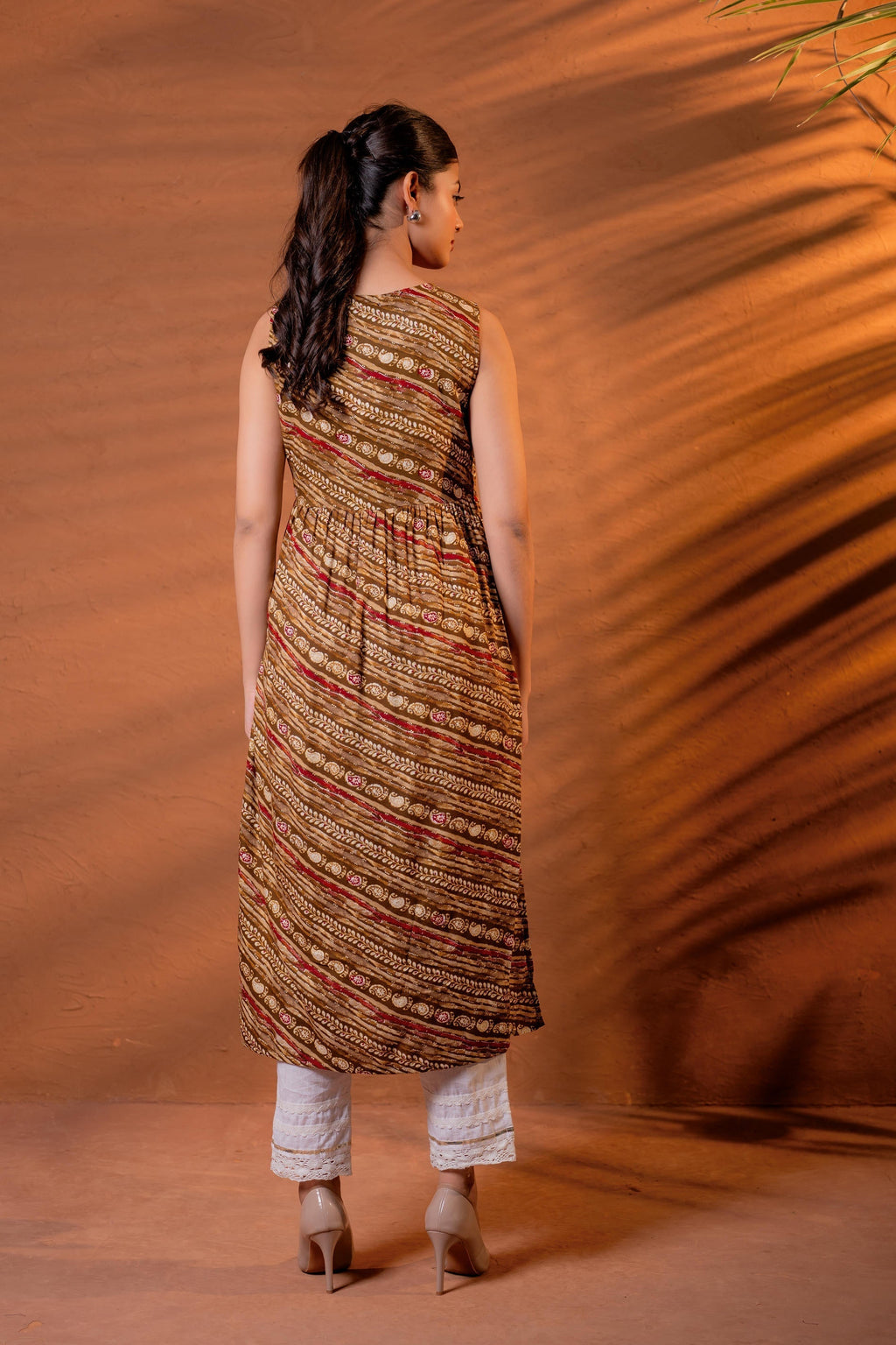 Juniper Rust Tribal Wave Printed Sleeveless Flared Kurta | Grocsy