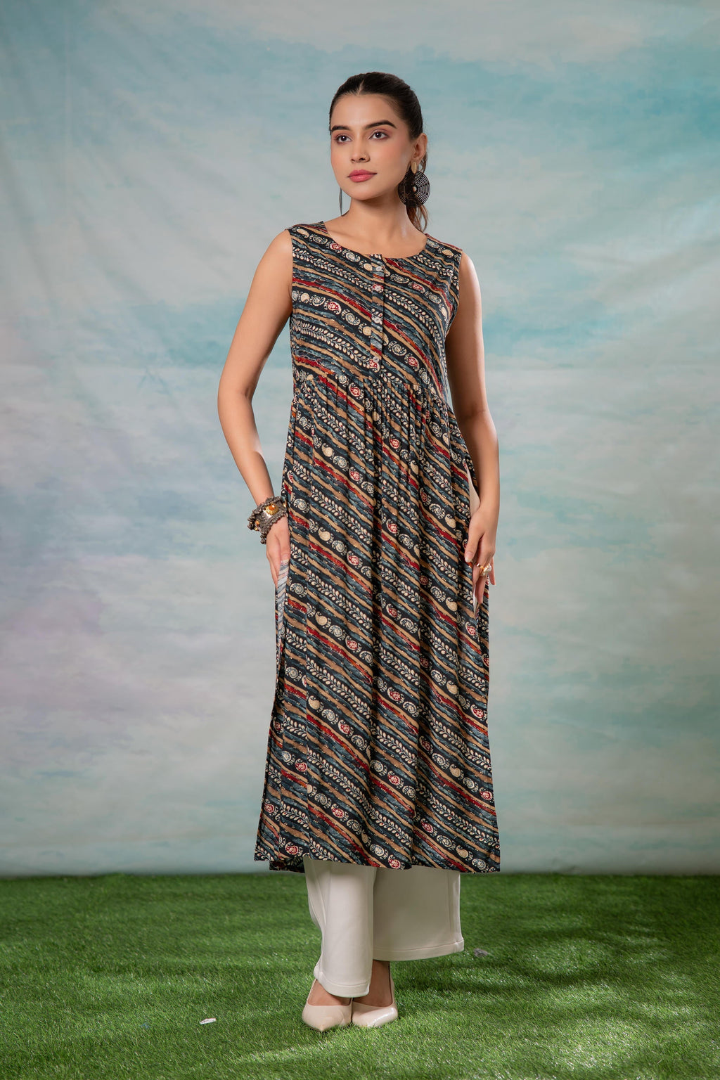 Juniper Women'S Navy Ethnic Motif Printed Sleeveless Kurta | Grocsy