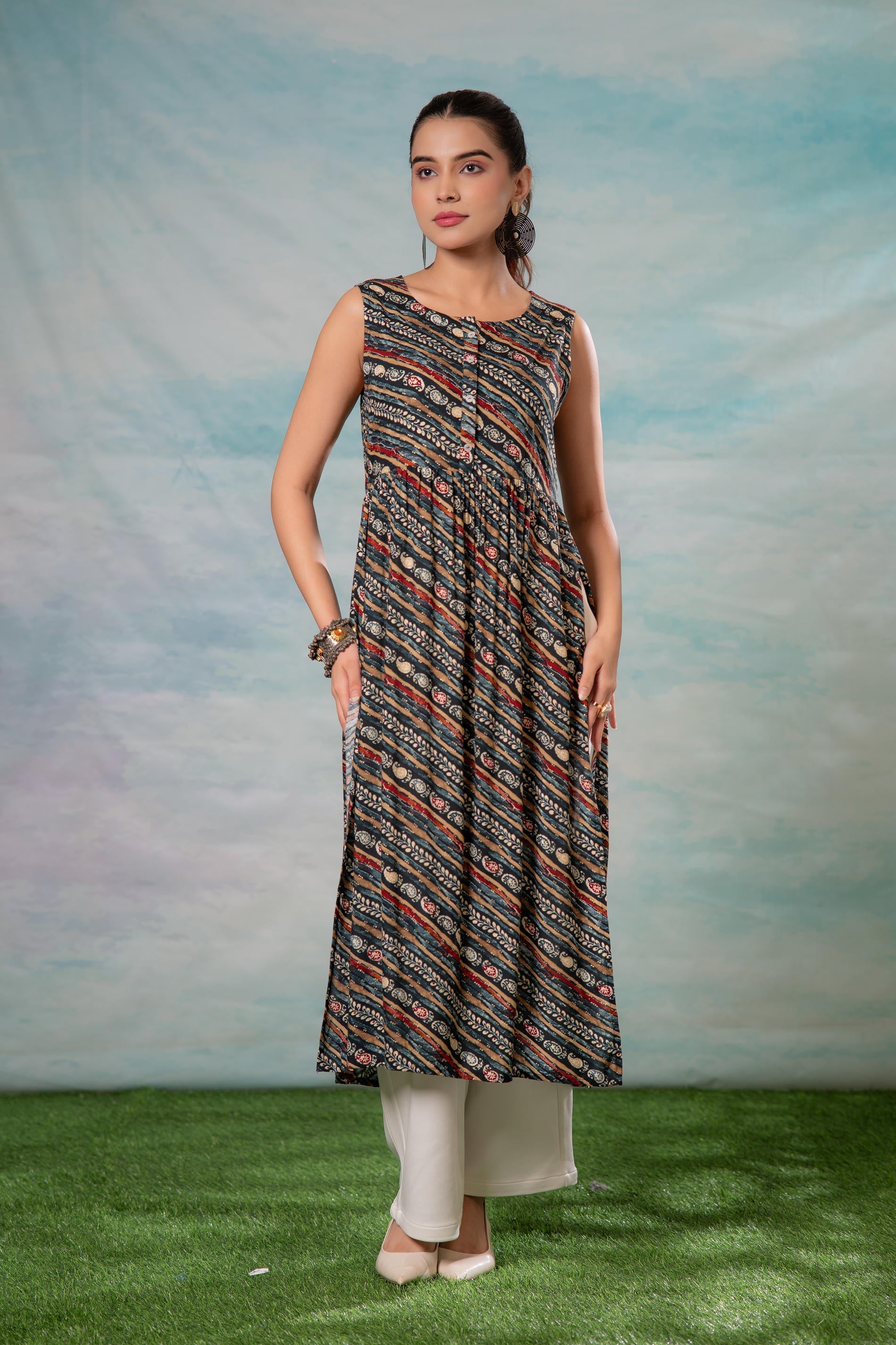 Juniper Women'S Navy Ethnic Motif Printed Sleeveless Kurta | Grocsy