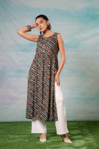 Juniper Women'S Navy Ethnic Motif Printed Sleeveless Kurta | Grocsy