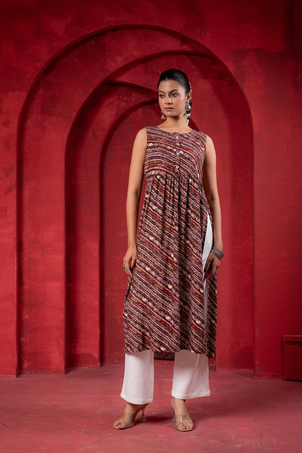 Juniper Women'S Pink Ethnic Motif Printed Sleeveless Kurta | Grocsy