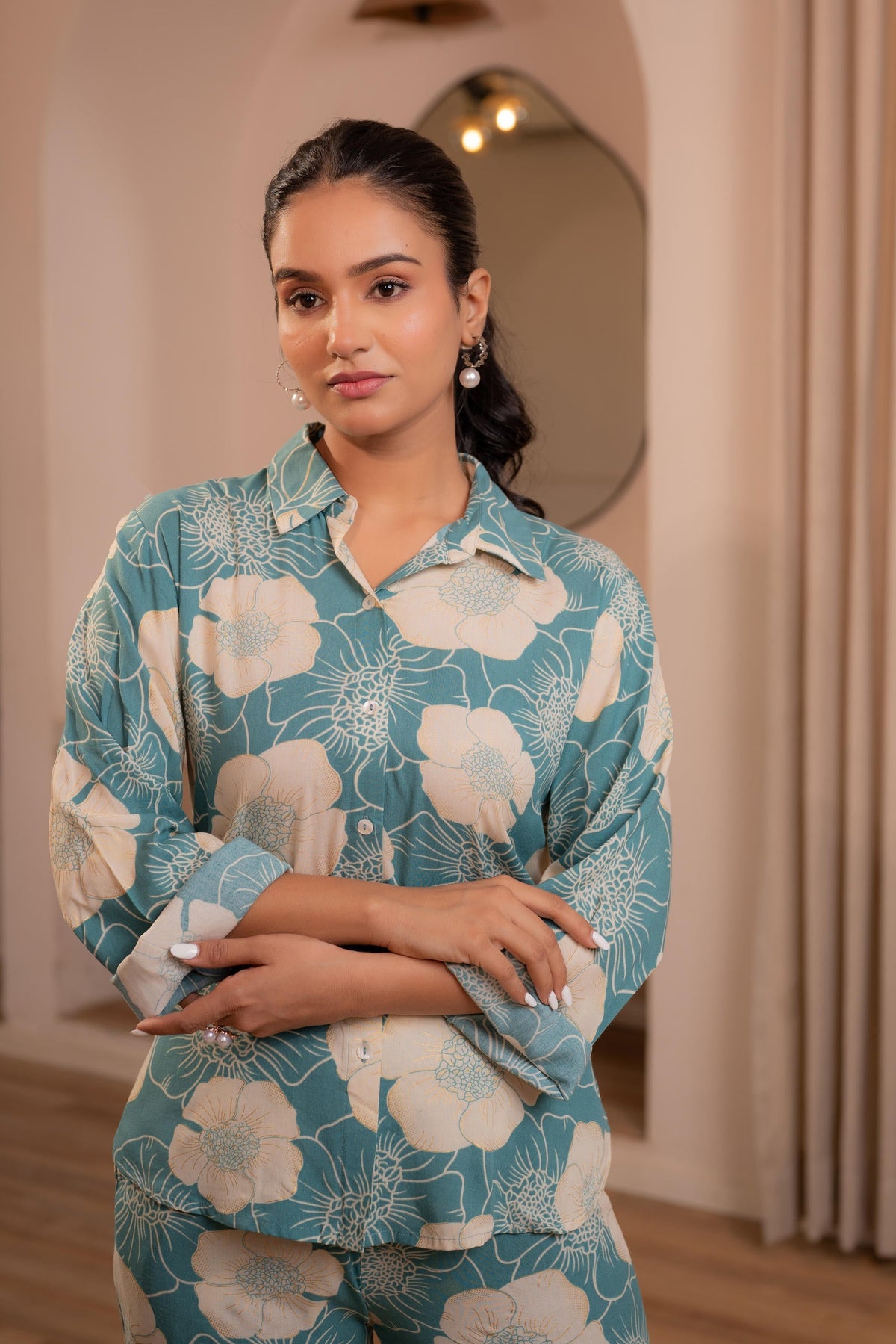 Juniper Women'S Mint Floral Printed Co-Ord Set With Button Details | Grocsy
