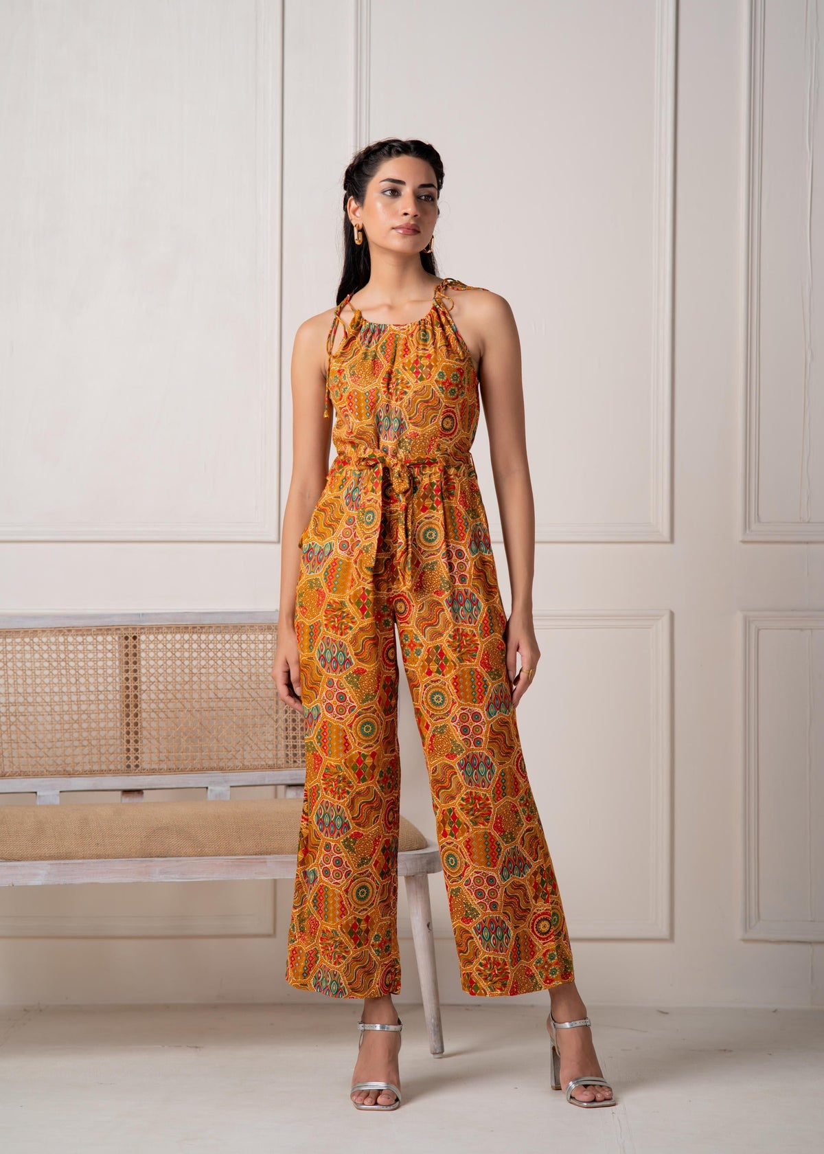 Juniper Mustard Printed Abstract Viscose Jumpsuit With Belt | Grocsy