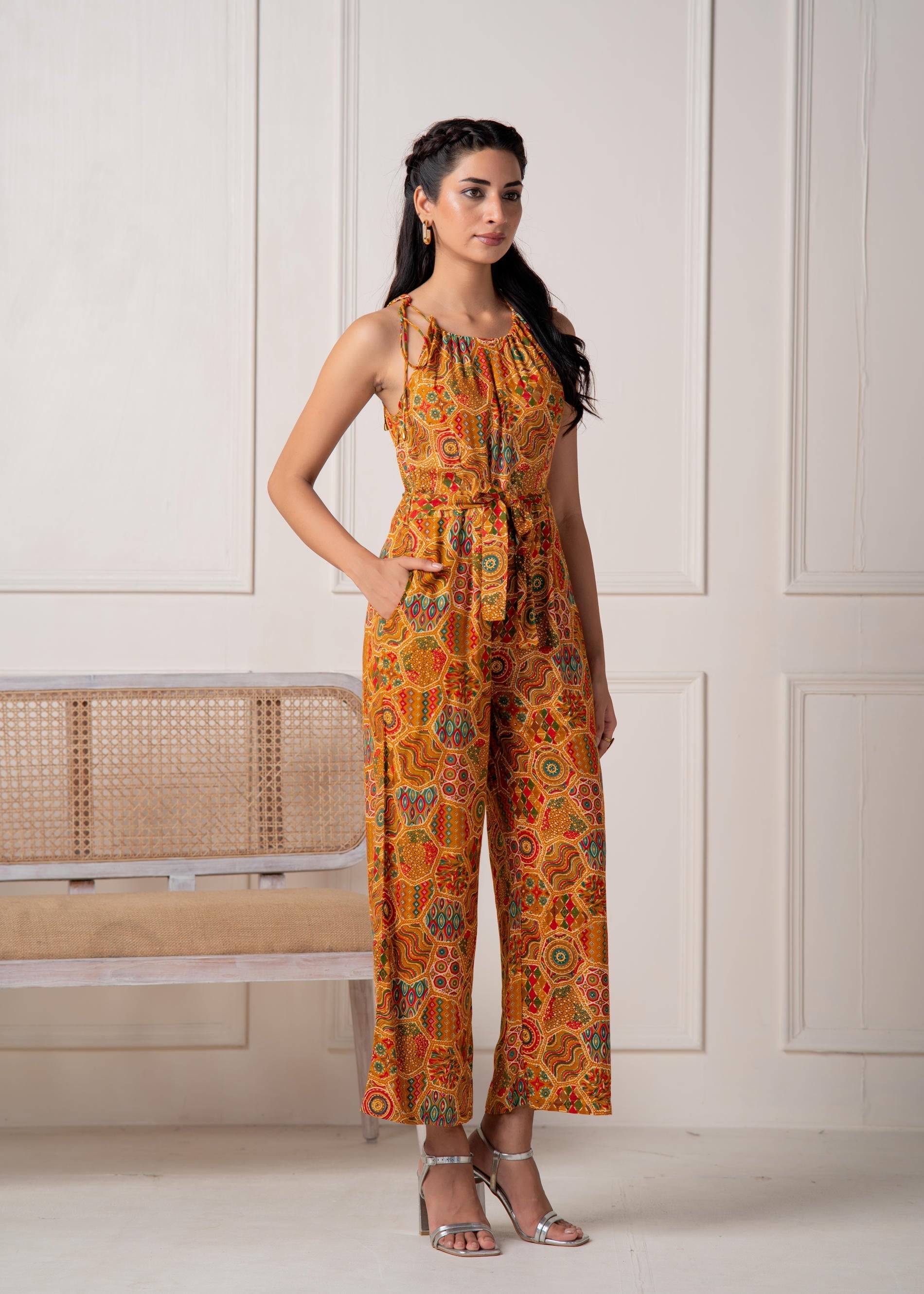 Juniper Mustard Printed Abstract Viscose Jumpsuit With Belt | Grocsy