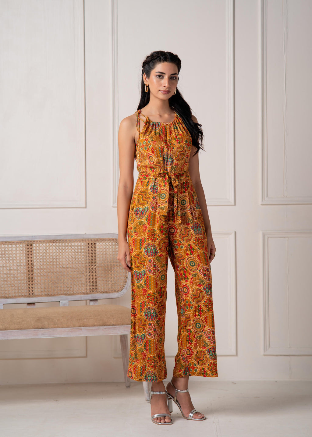 Juniper Mustard Printed Abstract Viscose Jumpsuit With Belt | Grocsy