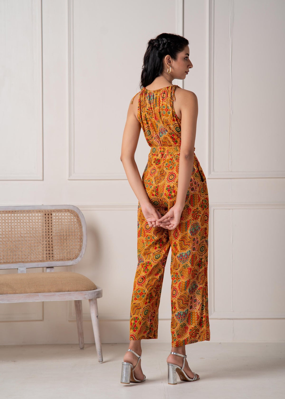 Juniper Mustard Printed Abstract Viscose Jumpsuit With Belt | Grocsy