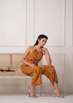Juniper Mustard Printed Abstract Viscose Jumpsuit With Belt | Grocsy