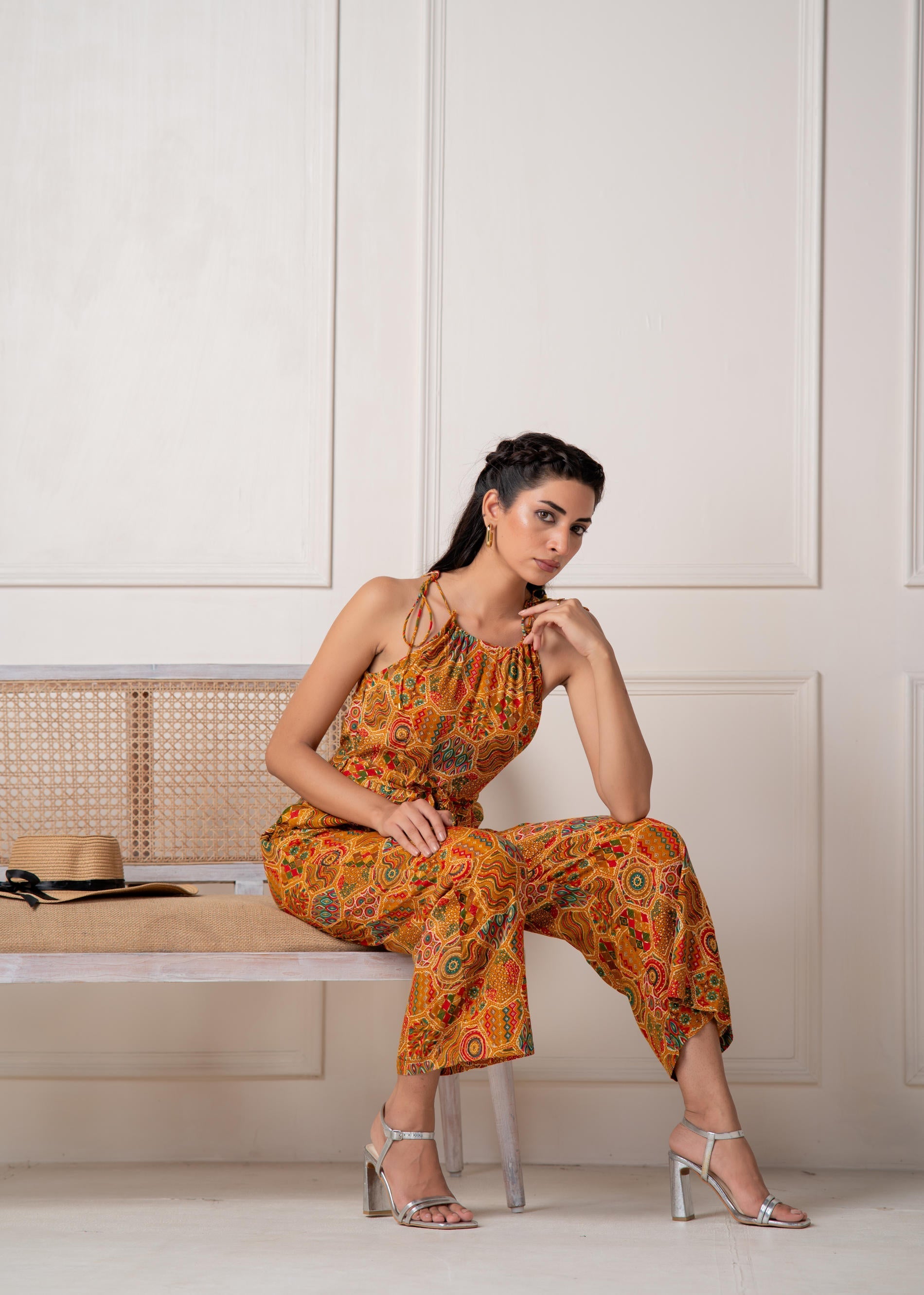 Juniper Mustard Printed Abstract Viscose Jumpsuit With Belt | Grocsy