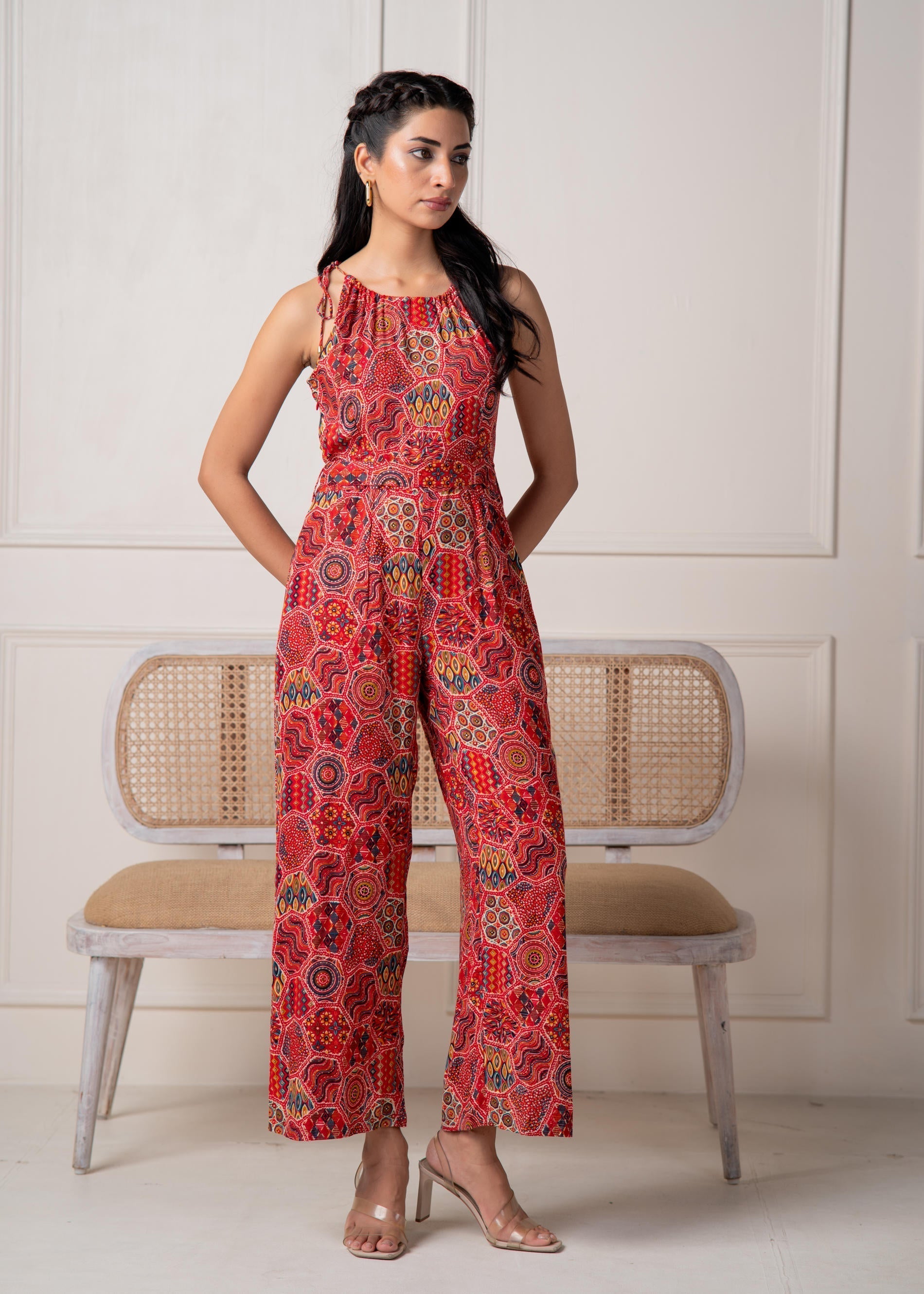 Juniper Rust Multi-Motif Bohemian Printed Sleeveless Jumpsuit | Grocsy