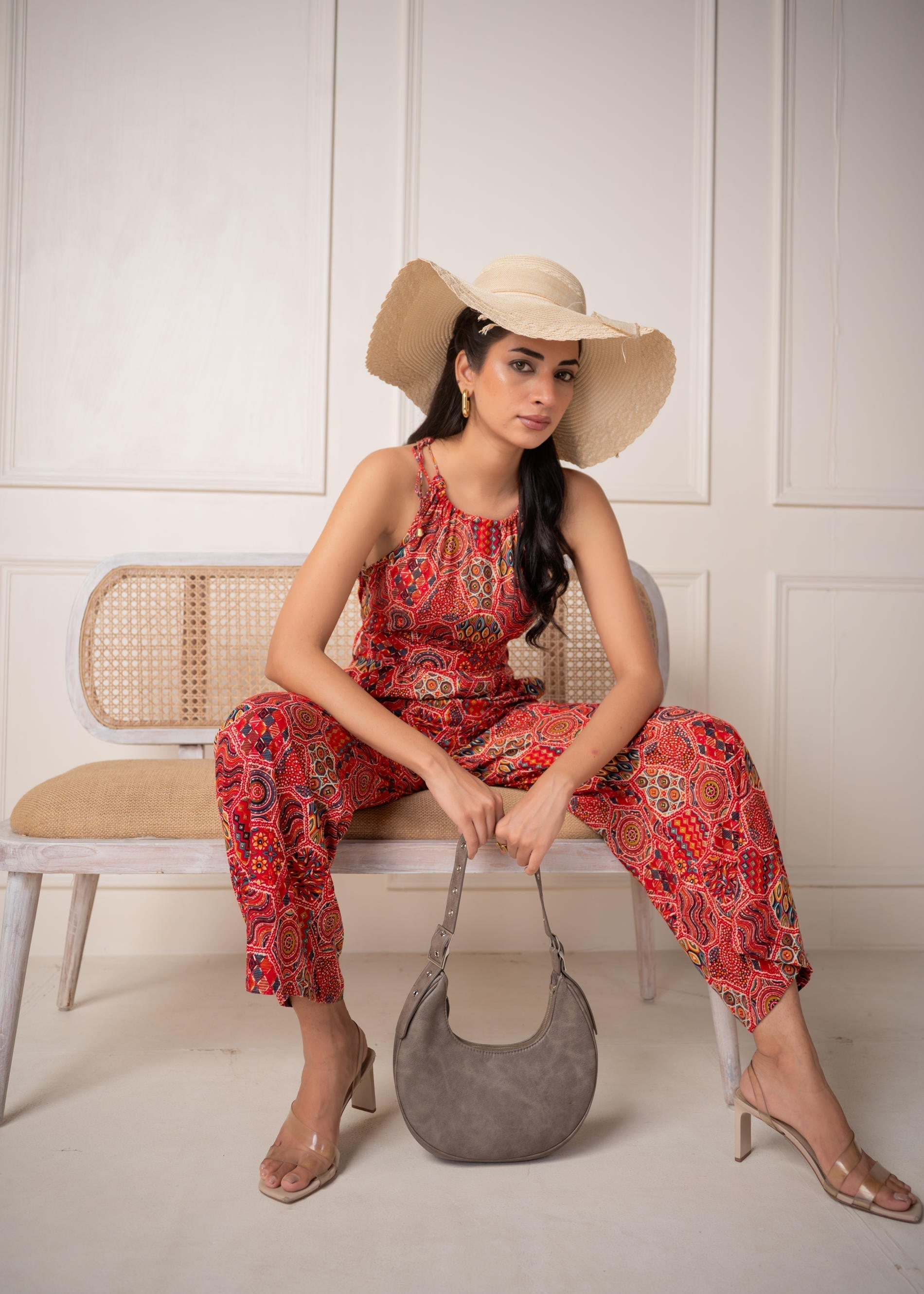 Juniper Rust Multi-Motif Bohemian Printed Sleeveless Jumpsuit | Grocsy