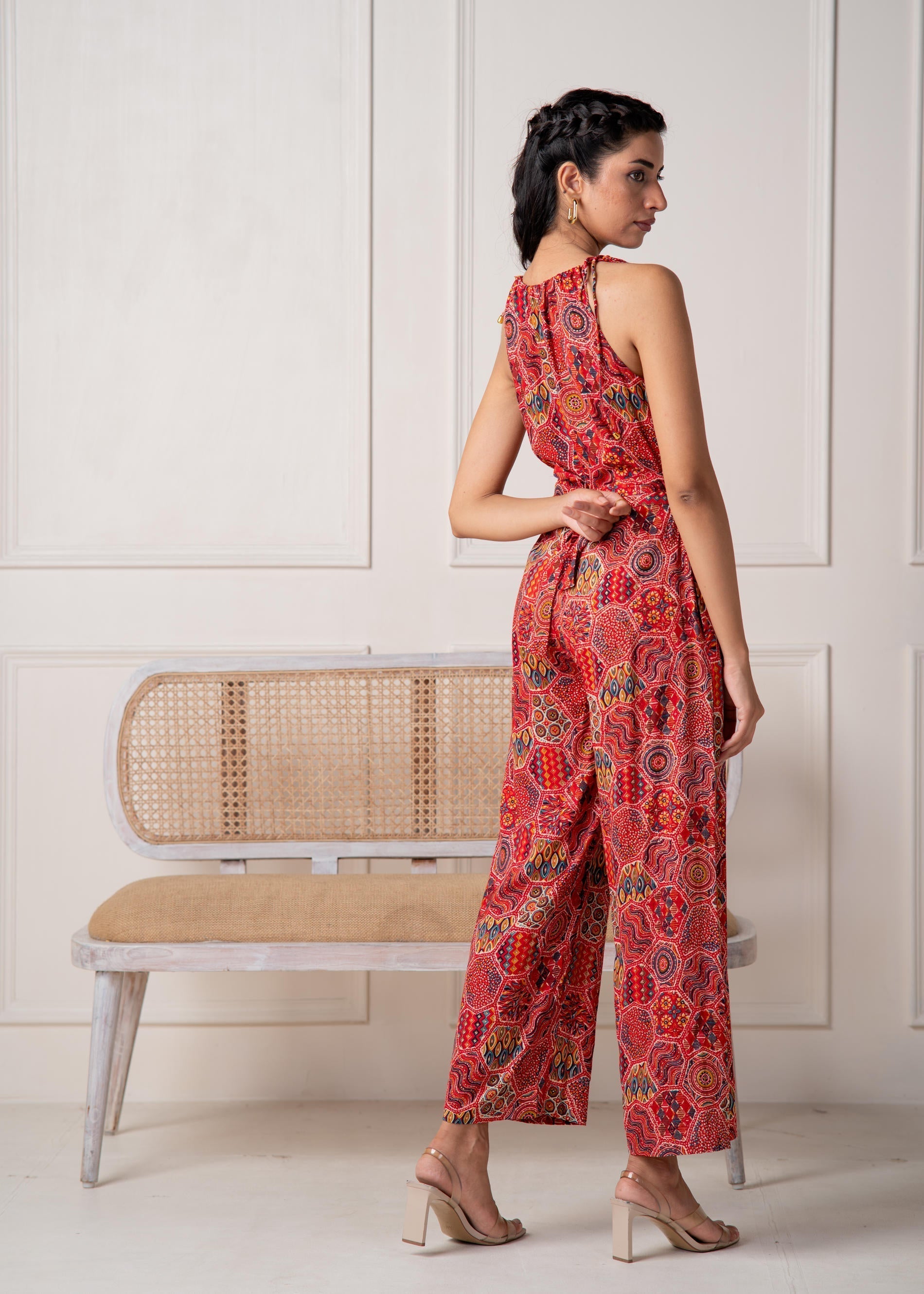 Juniper Rust Multi-Motif Bohemian Printed Sleeveless Jumpsuit | Grocsy