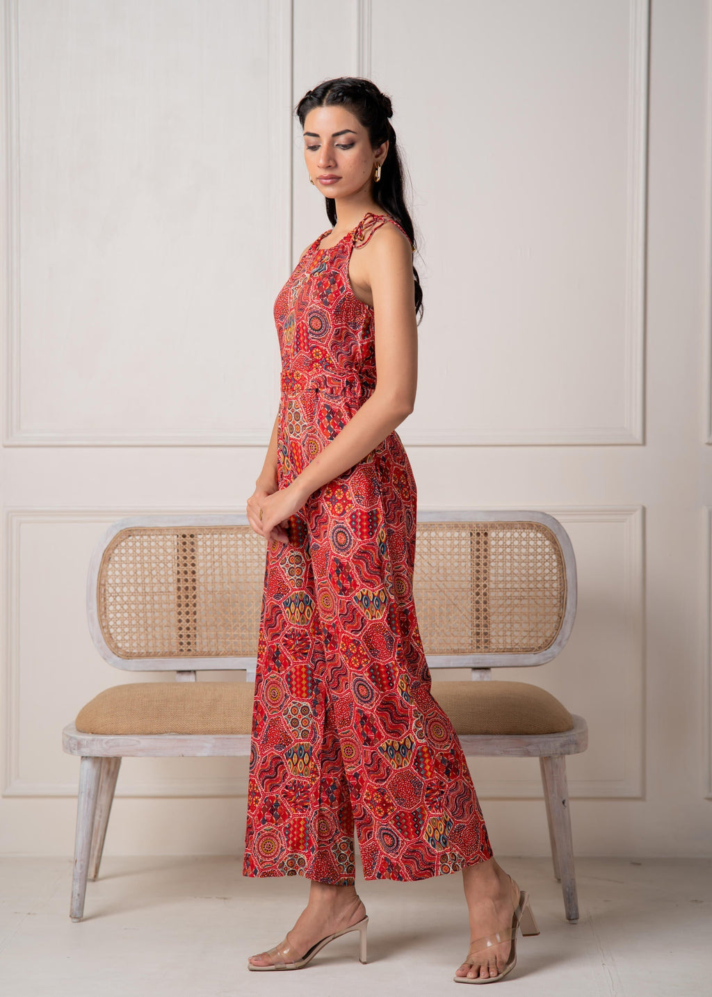 Juniper Rust Multi-Motif Bohemian Printed Sleeveless Jumpsuit | Grocsy