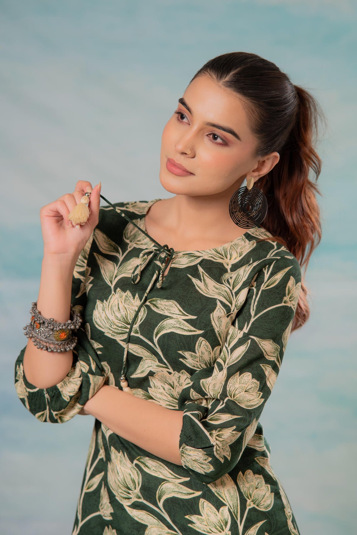 Juniper Green Floral Printed Viscose Tunic | Grocsy