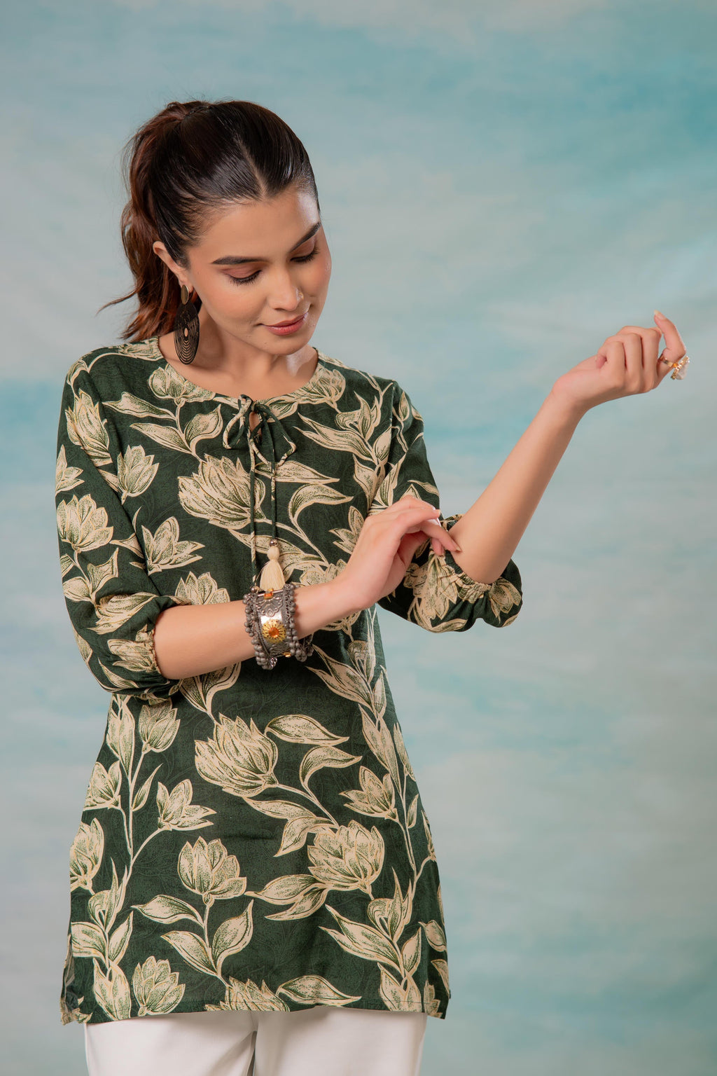 Juniper Green Floral Printed Viscose Tunic | Grocsy