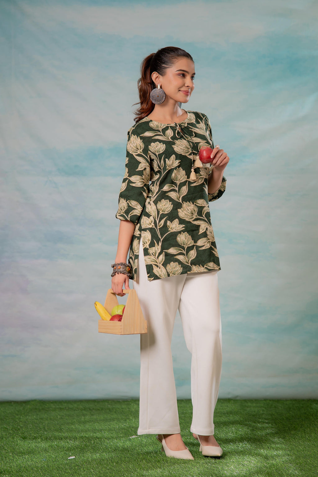 Juniper Green Floral Printed Viscose Tunic | Grocsy
