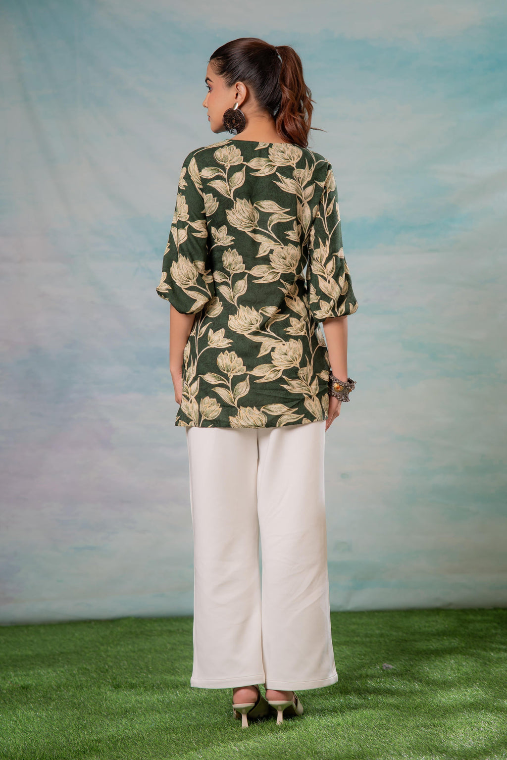 Juniper Green Floral Printed Viscose Tunic | Grocsy