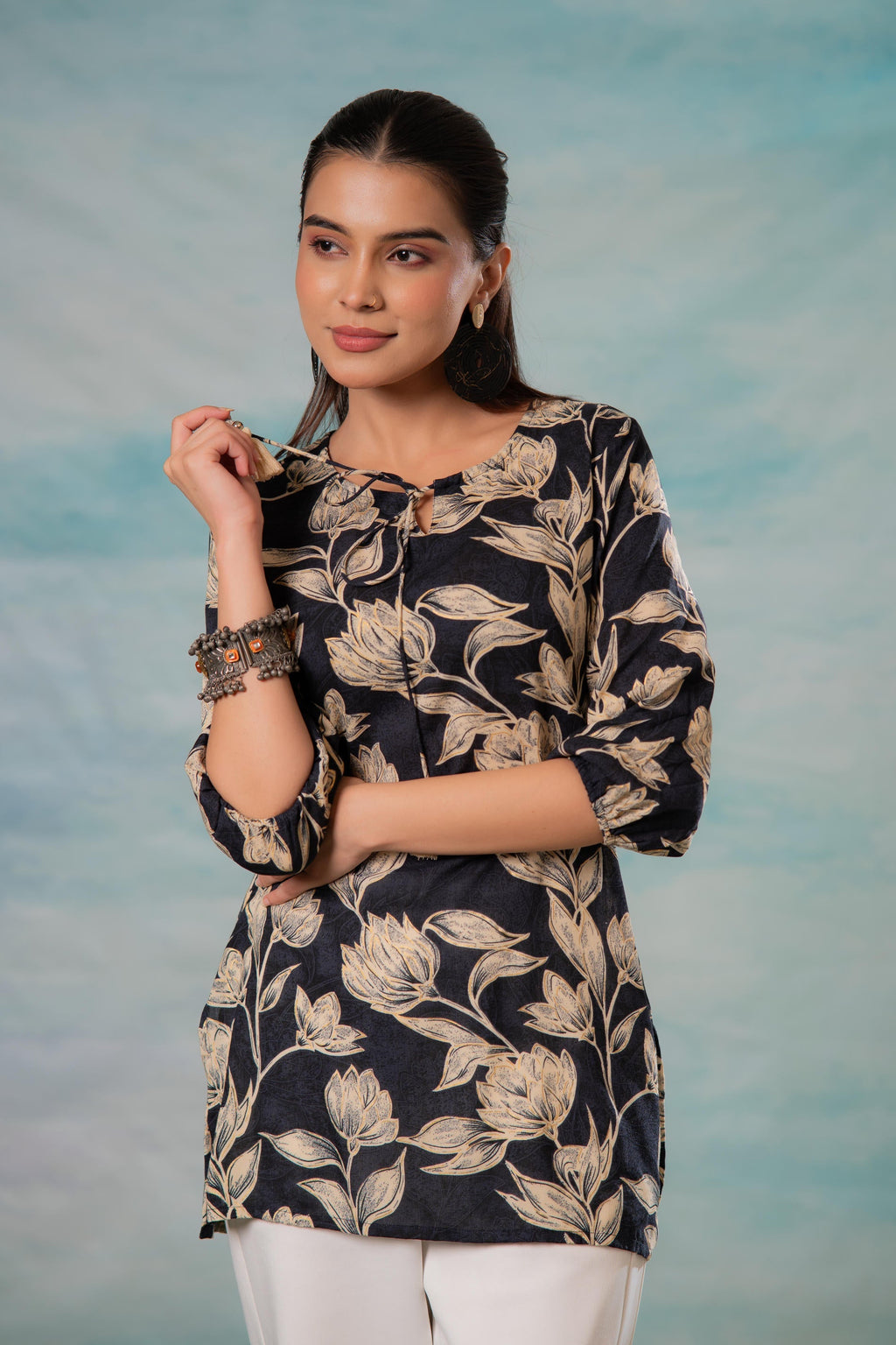 Juniper Grey Floral Printed Viscose Tunic | Grocsy